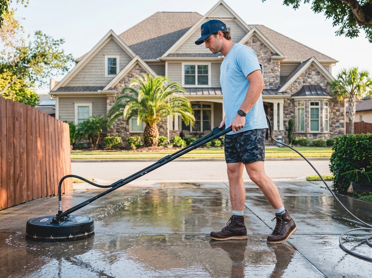 A Harborline technician pressure washing a driveway in front of a home